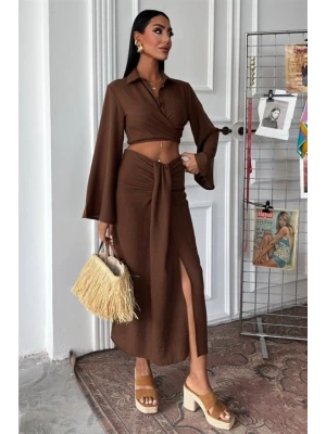 Crop Gömlekli Ve Eteği Büzgülü Tasarım Takım 10195