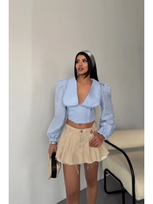 CROP POPİN GÖMEK YAKA KENAR DANTE DETAYI  Bebe Mavi
