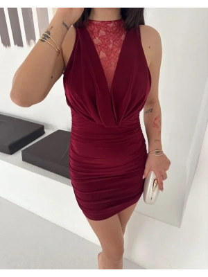 Dantel Detaylı Derin Dekolte Drapeli ini Elbise Şık Kolsuz  Bordo