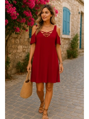 Dekolteli Bağcık Detay Viskon Kumaş Elbise