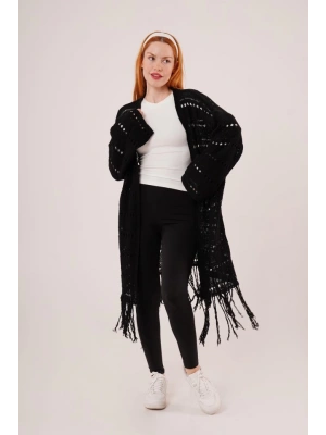 Delikli Geçişli Püskül Detay Uzun Triko Siyah Hırka