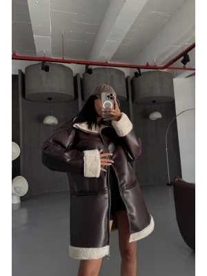 DERİ ONT KOL VE YAKA PELUŞ KAPAKSIZ CEP DETAYLI  Kahverengi