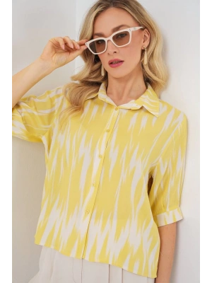 Desenli Kısa Kol Crop Gömlek 20337  Sarı