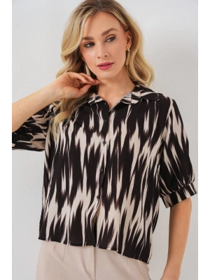 Desenli Kısa Kol Crop Gömlek 20337  Siyah