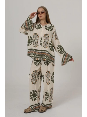 Desenli Kolları Volanlı Pantolon Takım  Haki