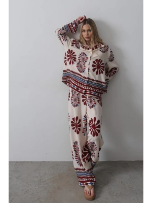 Desenli Kolları Volanlı Pantolon Takım  Kırmızı