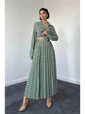 Desenli Viskon Gömlek Ve Etek Takım  Yeşil