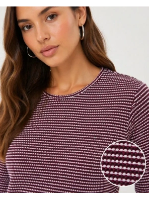 Dokulu Çizgili Uzun Kollu Tişört Oval Kesim Basic Rahat Kalıp Bluz  Bordo