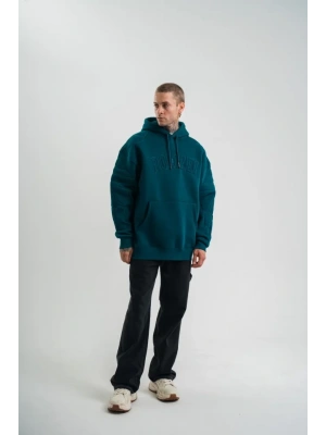 Double Oversize Kapşonlu Nakışlı weathirt  Koyu Deniz Yeşili