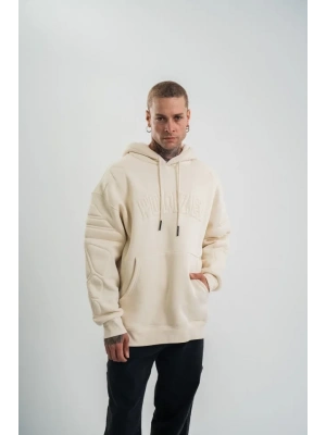 Double Oversize Kapşonlu Nakışlı weathirt  Krem