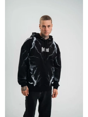 Double Oversize Kapşonlu Şimşek Pano Baskılı SweatShirt  Siyah