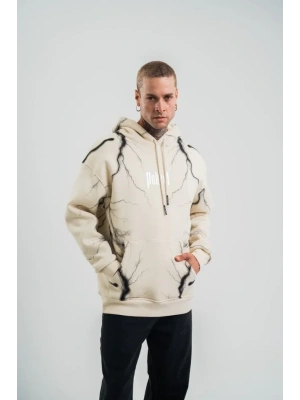 Double Oversize Kapşonlu Şimşek Pano Baskılı weathirt  Krem