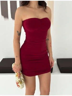 Drapeli traplez ini Elbise Esnek Kumaş Vücuda Oturan Gece Elbisesi  Bordo