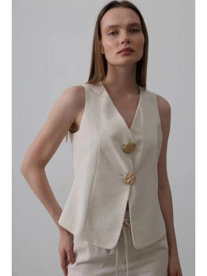 Düğme Detaylı Yelek  Krem