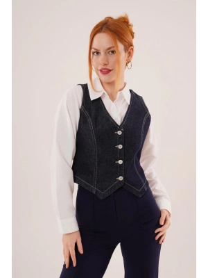 Düğme Ve Ön Dikiş Detaylı Lacivert Jean Yelek