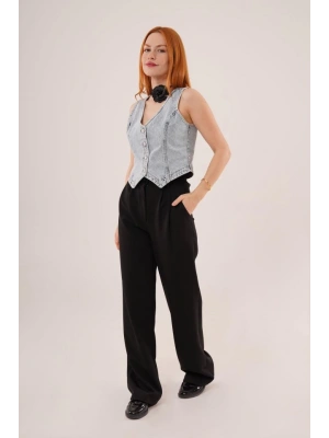 Düğme Ve Ön Dikiş Detaylı Mavi Jean Yelek