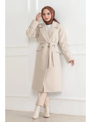 Düğmeli İçi Astarlı Kaşmir Kaşe Kaban  Bej