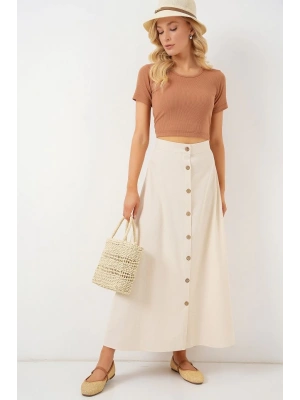 Düğmeli Keten Uzun Etek 8046  Krem