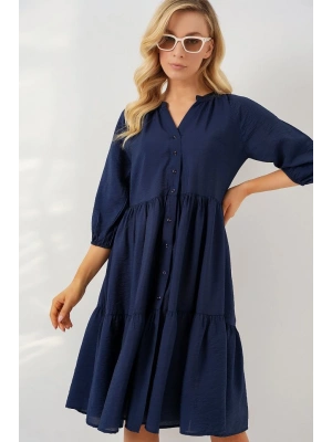 Düğmeli Kısa Kol Elbise 2559  Lacivert