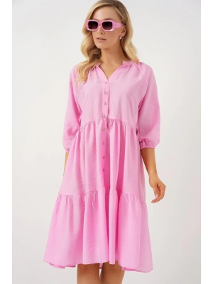 Düğmeli Kısa Kol Elbise 2559  Pembe