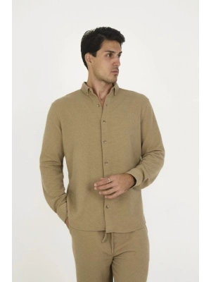Düğmeli Tam Kalıp Uzun Kol Jakar Gömlek  Kahverengi