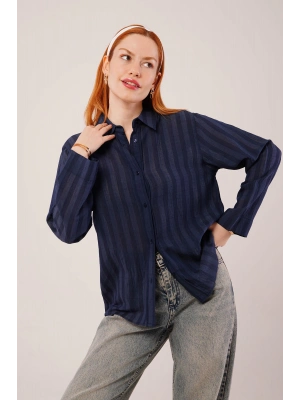 Düğmeli Ve Çizgi Detaylı acivert Gömlek