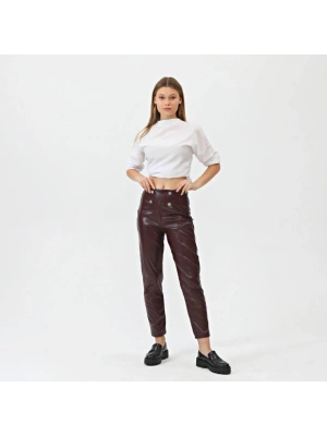 Düğmeli̇ Yan Fermuarli Deri̇ Pantolon