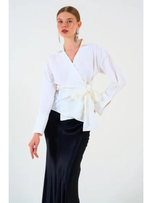 Düz Yandan Bağlamalı Gömlek  Ekru