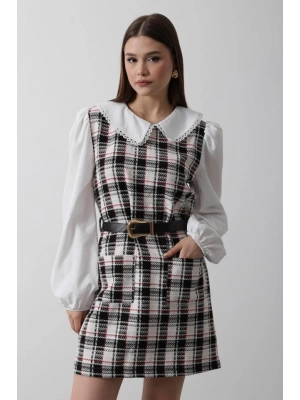 Ekoseli Gömlek Detaylı Elbise  iyah