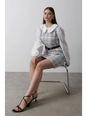 Ekoseli Gömlek Detaylı Elbise  Mavi