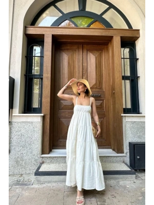 Ekru Askılı Parçalı Müslin Elbise