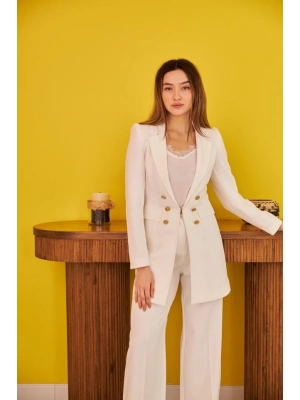 Ekru Blazer Düğmeli Ceket