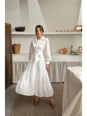 Ekru Çizgi Desenli Uzun Elbise