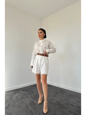Ekru Dantelli Gömlek Ve Ponpolu Şort Takım