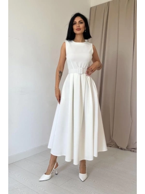 Ekru Halter Yaka Kloş Elbise