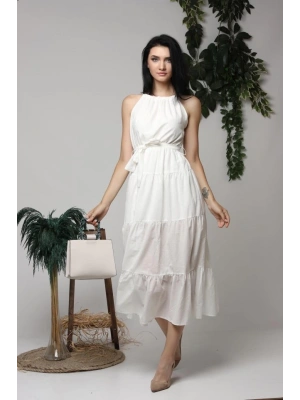 Ekru Halter Yakalı Kuşaklı Elbise