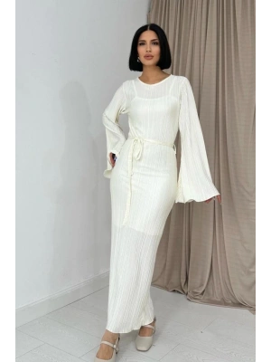Ekru İspanyol Kol Piliseli Elbise