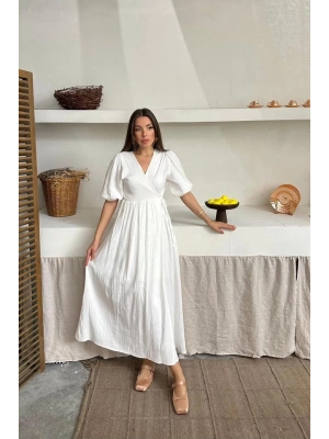 Ekru Müslin Uzun Elbise