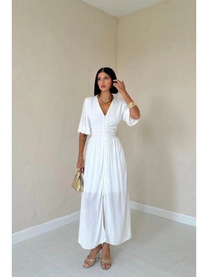 Ekru Önü Düğmeli Elbise