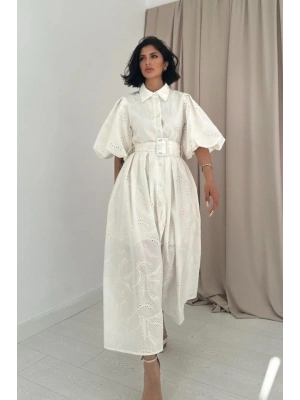 Ekru Pileli Balkon Elbise