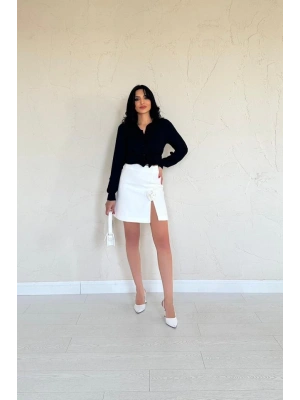 Ekru Yırtmaçlı Gül Detaylı ini Etek