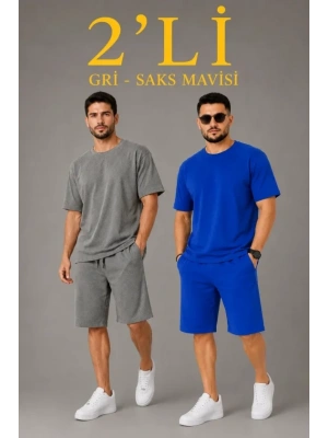 Erkek 2’li Oversize Tişört Şort Takım eti Yazlık İki İplik Kumaş  Gri, aks avisi