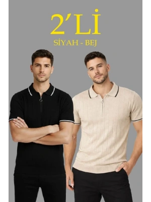Erkek 2’li Paket Dokuma Triko  Fermuarlı Yakalı Fitilli Kısa Kollu Regular Fit Tişört  Bej  iyah