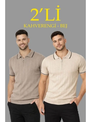 Erkek 2’li Paket Dokuma Triko  Fermuarlı Yakalı Fitilli Kısa Kollu Regular Fit Tişört  Bej  Kahverengi