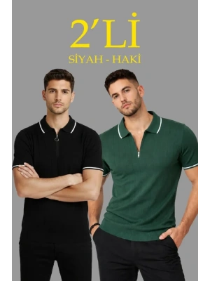 Erkek 2’li Paket Dokuma Triko  Fermuarlı Yakalı Fitilli Kısa Kollu Regular Fit Tişört  Haki  iyah