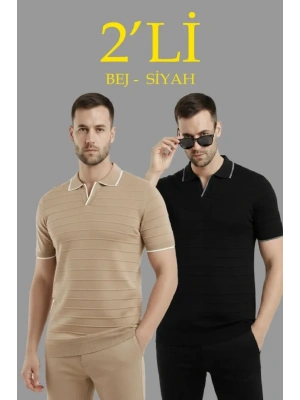 Erkek 2’li Paket Triko Yakalı Düğmesiz Açık Yaka Fitilli Kısa Kollu Regular Fit Tişört  Bej  iyah