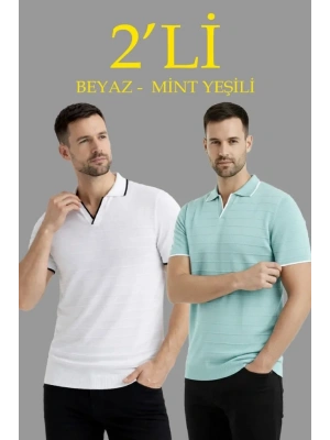 Erkek 2’li Paket Triko Yakalı Düğmesiz Açık Yaka Fitilli Kısa Kollu Regular Fit Tişört  Beyaz  int Yeşili