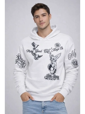 Erkek 3 İplik Pamuklu Kapüşonlu Baskılı weathirt Hoodie  Beyaz
