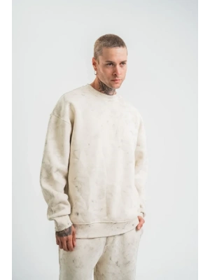 Erkek 3 İplik Pamuklu Yağ Yıkamalı weatshirt Double Oversize Bisiklet Yaka Uzun Kol  Krem