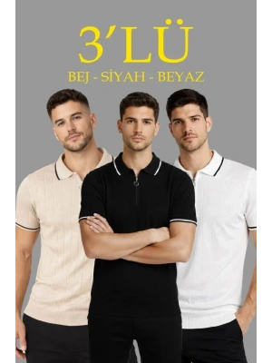 Erkek 3’lü Paket Dokuma Triko  Fermuarlı Yakalı Fitilli Kısa Kollu Regular Fit Tişört  Bej, Beyaz, iyah